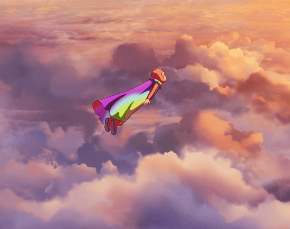 Arco is wearing a colorful cape flies joyfully through vibrant, fluffy clouds at sunset. The scene conveys a sense of adventure and freedom.