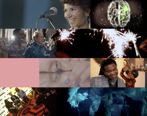 A collage of diverse scenes: smiling speakers at a mic, sparklers, an artwork of a brain, a joyful crowd, a performer posing, a child flexing, and swirling colours.