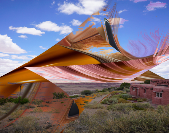 Surreal landscape with abstract, swirling shapes in the sky over a desert scene. Red adobe building and vegetation add contrast under a bright blue sky.