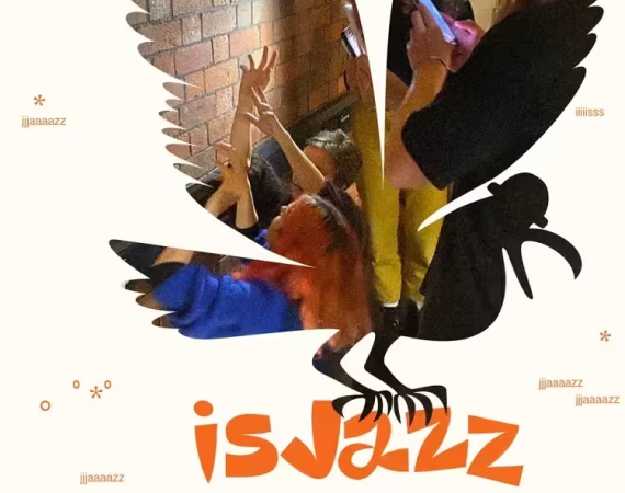 People energetically dancing under a brick wall, framed by a stylized bird silhouette. The word "isJazz" appears in bold, bright letters.