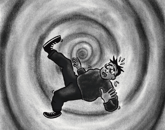 Cartoon of a surprised man falling backwards into a swirling gray vortex. His expression conveys shock and confusion. Monochrome, dynamic, humorous tone.
