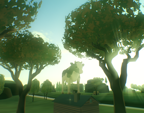 A screenshot of the game Everything, depicting a cow stood on a plinth in the middle of a lush wooded landscape reminiscent of a park.