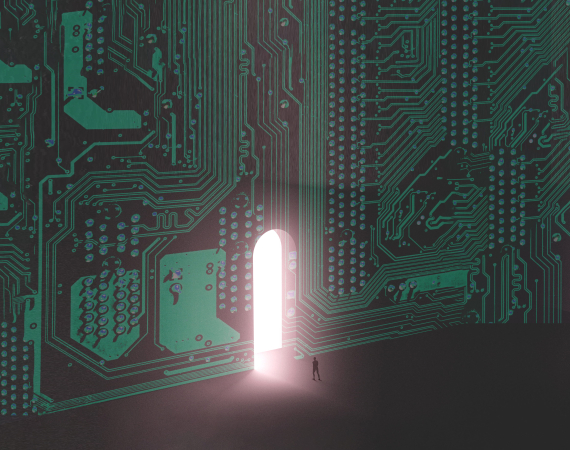 A rendered image of a tiny human walking into a big door inside a circuitboard. 