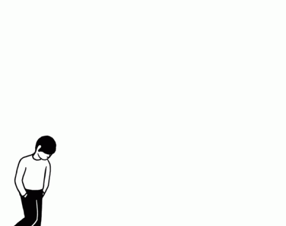 A white box with a animated boy walking backwards and forth, bumping his head on the edges of the box.