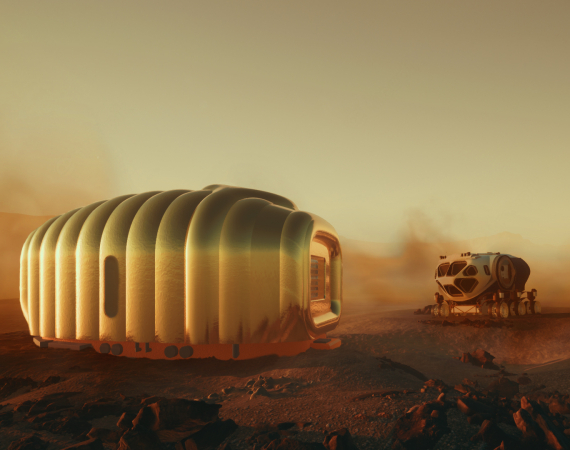 The image depicts a gold foil martian house in a Mars landscape. The image was made by Hugh Broughton Architect and Pearce+
