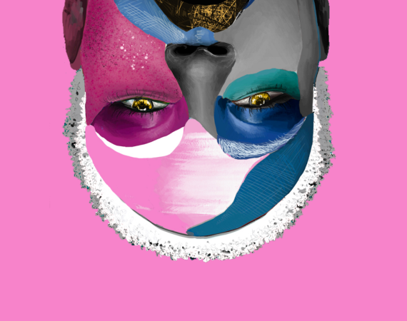 A graphic illustration of a woman's face, overlaid with popping shades of pinks, teals, blues and whites. She looks at us upside down from a bright yellow backdrop.