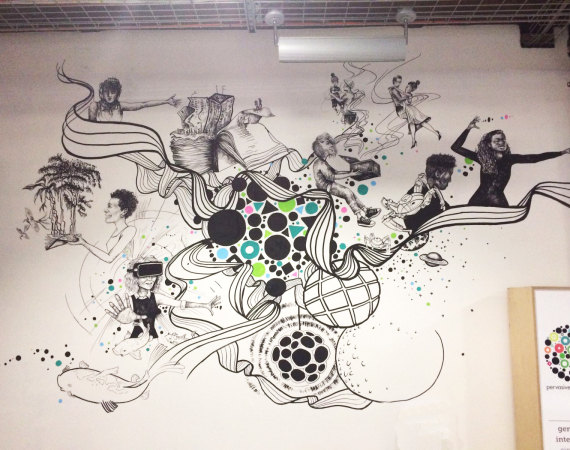 Photo of a mural of studio projects mostly in black on a white wall by artist Jazz Thompson