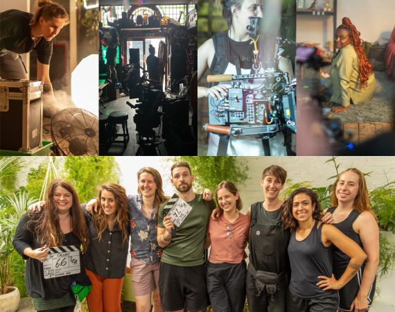 A collage of film crew activities: adjusting equipment, a silhouette in a studio, operating a camera, and group smiling, exuding teamwork and creativity.
