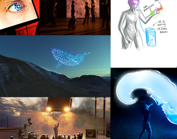 Collage of images that represent the 6x fellowships. An Eye on a screen, a drawing of a VR set up, a large inflated tentacle, a performance in a virtual venue, people with VR headsets, a drone show above a mountain.