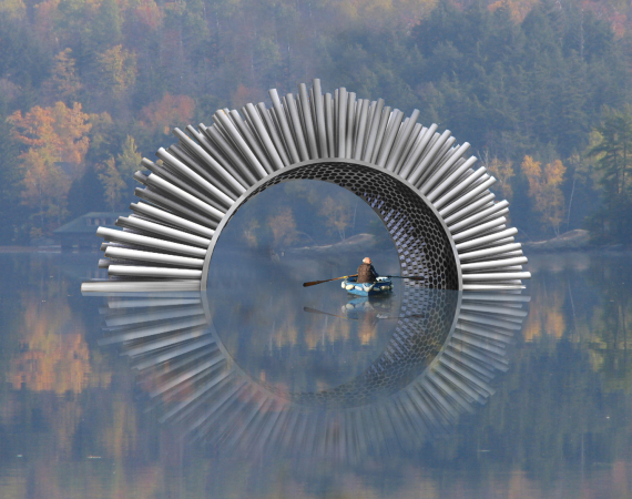The scene is slightly misty, a man sits in a blue boat with oars on open water inside a sculpture. There are autumn trees in the background.