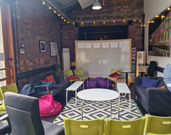 The Pervasive Media Studio events space, set up for a cosy workshop.