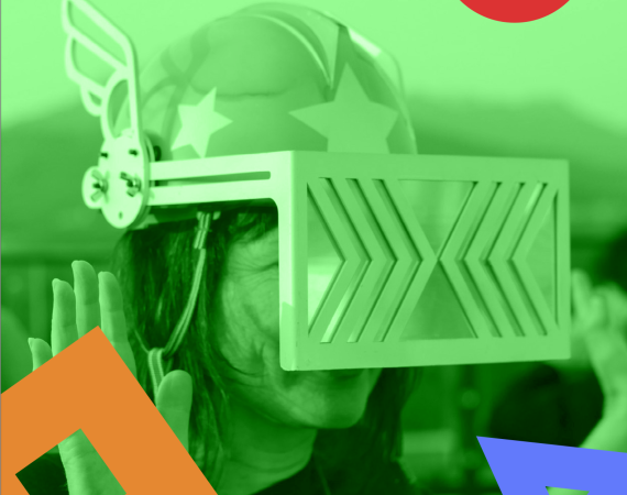 A close up of a person wearing a futuristic looking home made headset