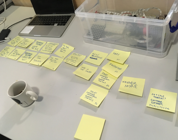 A photo of a series of post it notes arranged in a line on a desk. They're not all legible, but some of the writing includes "PREY" and "GATHER GATHER GATHER" and "WANDER MORE"  and "the thing about this new body is"