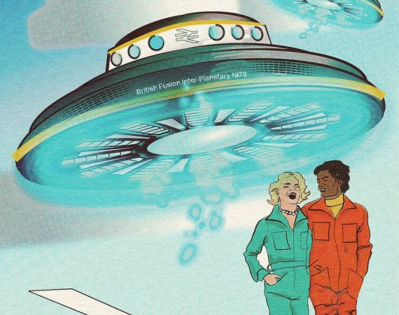 An illustration of 2 flying saucers with a sky coloured background. There are two illustrated people laughing in the forefront wearing colourful boiler suits. In the bottom left of the illustration is a vintage British rail logo.