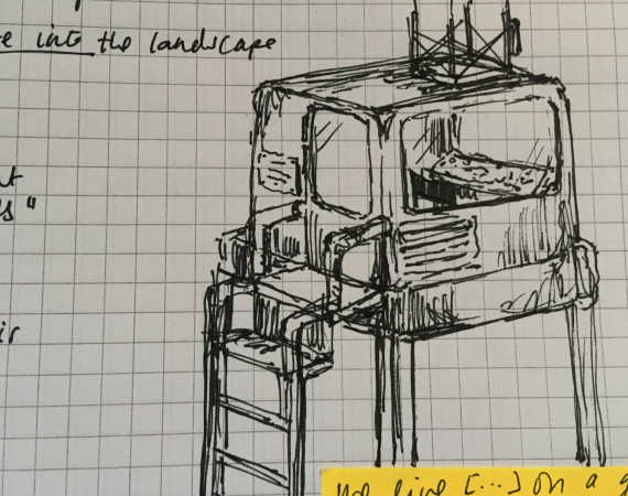 a sketchy drawing of a radio control tower in a square-rule notebook