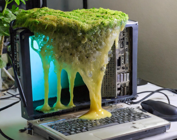 A laptop with green slime moold oozing onto the keboard.