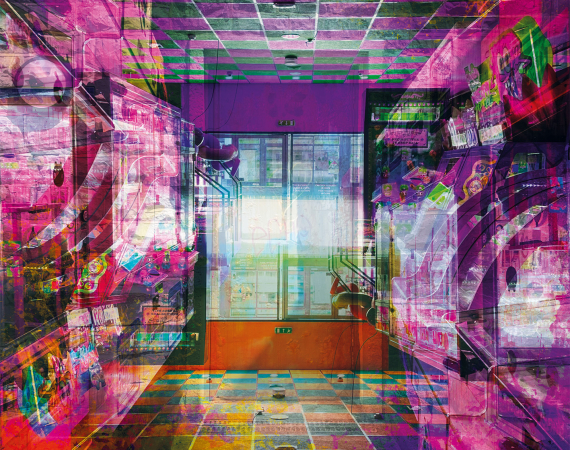 A glitched photomontage of an arcade, focused on the doorway in shades of pink, purple and yellow. 