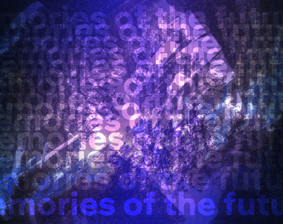 A highly textured image in shades of purple and yellow, with many instances of the text 'Memories of the Future' written over and over again.