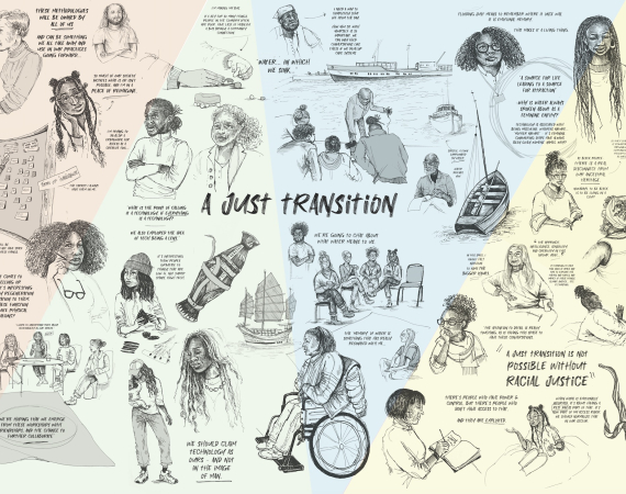 Mural of many faces and objects and quotes, all drawn across a pastel background of peach, green, blue, and yellow. In the middle of the image are the words, "A Just Transition"