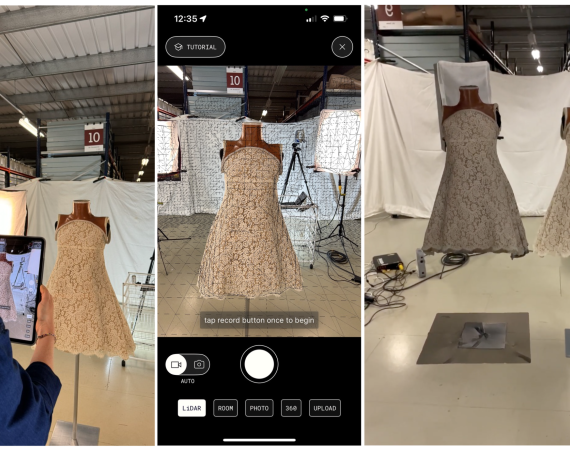 Collage of images showing a Steve McQueen Lace dress and a person looking at a computer screen