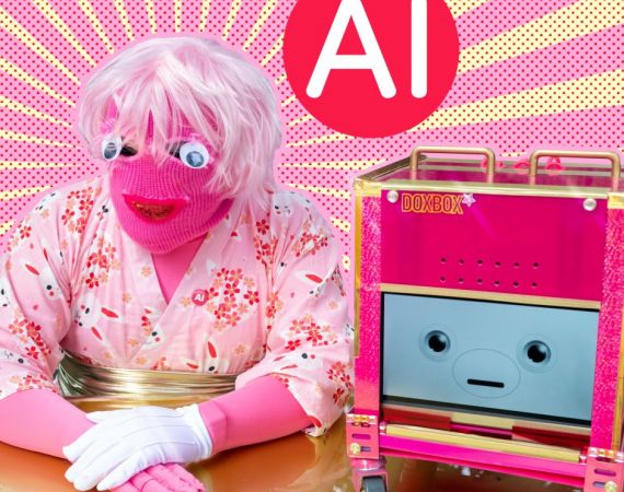 A person sitting at a gold desk in front of a gold and pink sunburst pattern. They are wearing a knitted pink mask with big google eyes, a pink wig, a pink kimono with gold obi, and one white cotton glove. Next to them is DoxBox, a hot pink robot on wheels with an animated face on a screen.
