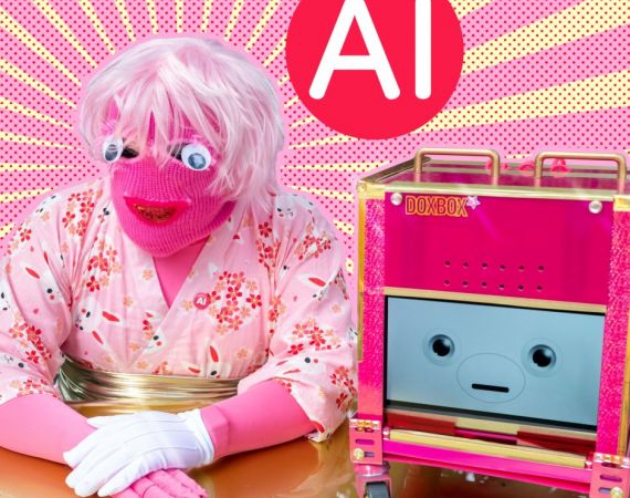 A person sitting at a gold desk in front of a gold and pink sunburst pattern. They are wearing a knitted pink mask with big google eyes, a pink wig, a pink kimono with gold obi, and one white cotton glove. Next to them is DoxBox, a hot pink robot on wheels with an animated face on a screen.