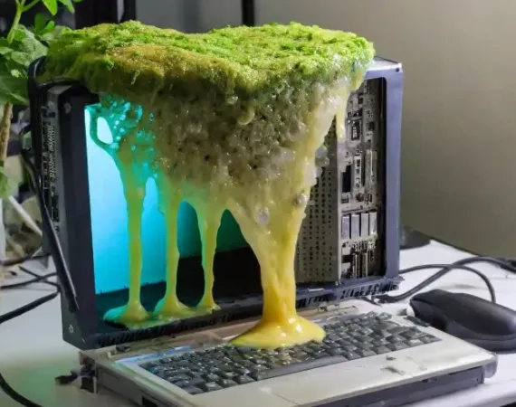 An old laptop computer sits on a desk. A green, foamy mould seeps down over the screen of the laptop.