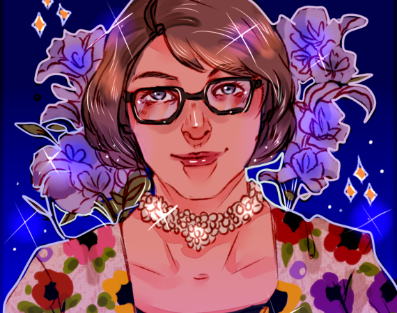 A cartoon drawing of a white woman in black-rimmed glasses with short brown hair.