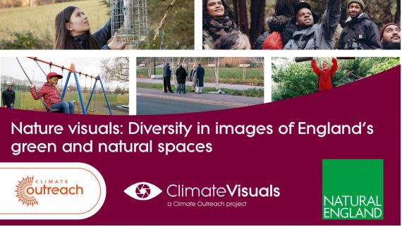 Image of a collage of people using outdoor spaces with the text 'Nature Visuals' Diversity in images of Englands green and natural spaces'