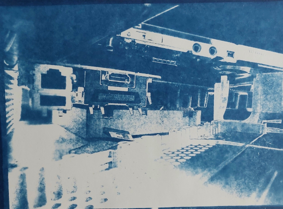 brian Gibson, (1)	Just what is it that makes todays technologies so different, so appealing? / Cyanotype Print 16x12  2022 