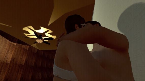 Image of two people in a video game in an embrace