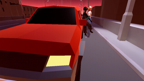 Image of two people in an embrace next to a car in a video game