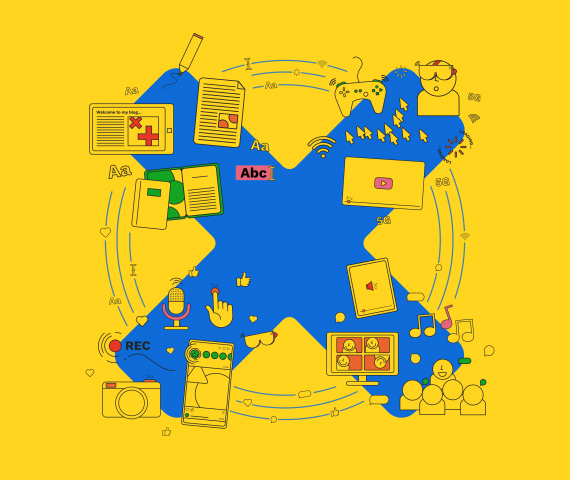An illustration with a yellow background a with a blue cross. In the foreground are symbols representing the sectors in the programme: a blog page, a pen, a mic, a camera, music, YouTube, games