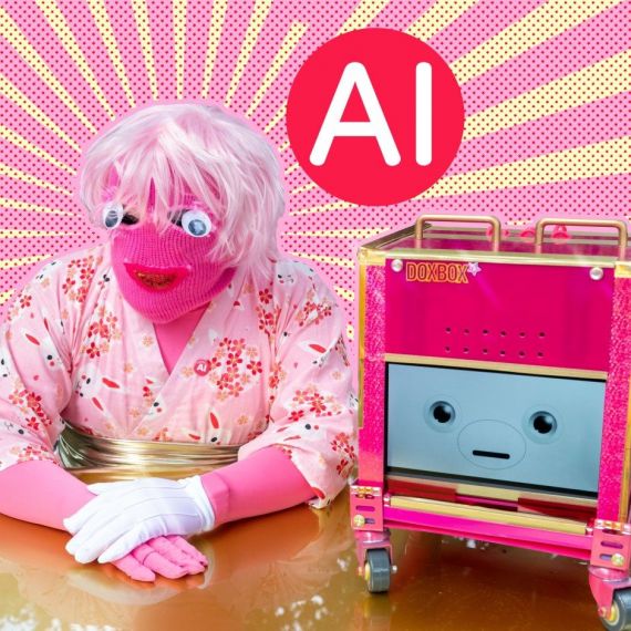 A person sitting at a gold desk. The person is wearing a pink mask, with a pink wig, white googly eyes, and wearing a pink kimono with a flower and rabbit design, gold obi, and one white glove. Beside them is DoxBox trustbot, an artificial intelligence who lives in a bright pink box and has an animated face. The letters A I are in a red circle above them, in front of a pink and gold sunburst design.