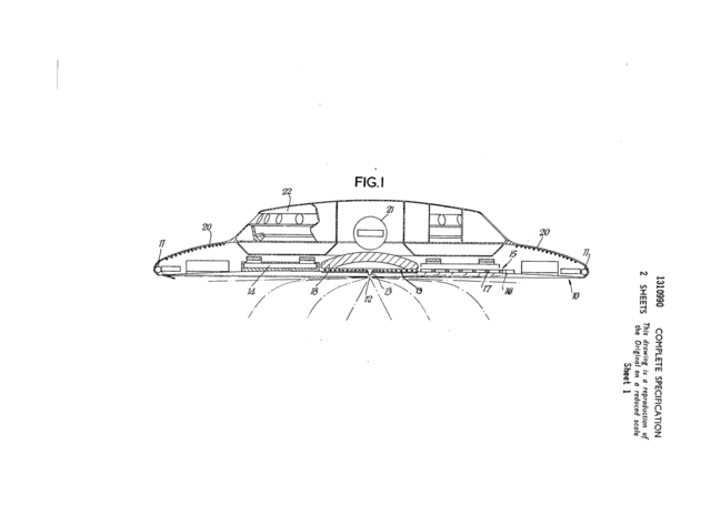 A line technical drawing of a space ship from the original patent. 